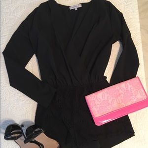 Black lace short v neck romper